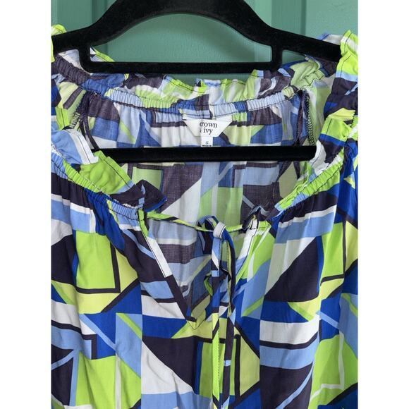 Crown &Ivy Small Long Sleeve Neon Blue Green White Flounce Peplum Top - Picture 6 of 9